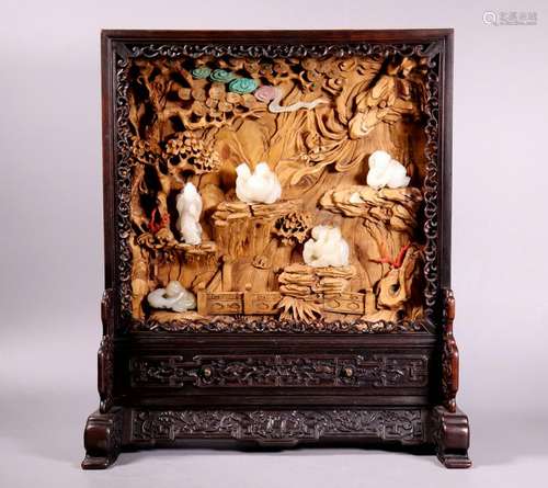 Chinese 5 Jade Carvings Hardwood Display Screen