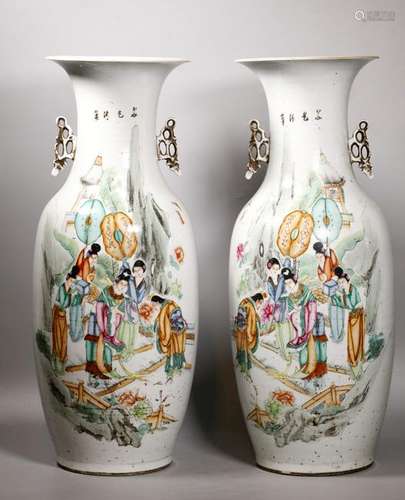 Lg Pr Chinese Republic Enameled Porcelain Vases