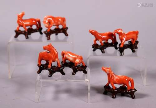 7 Chinese Carved Coral Miniature Horses; 64.5G