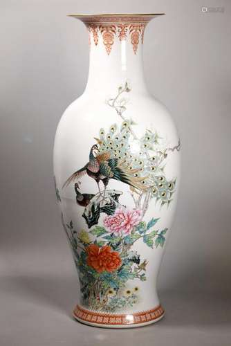 Lg Chinese Jingdezhen Peacock Porcelain Vase