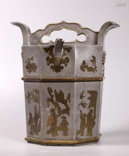 Chinese 19 C Pewter & Brass Octagonal Wine Jar