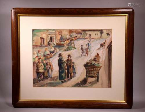 Jewish Theme Watercolor; Ghetto View with Figures