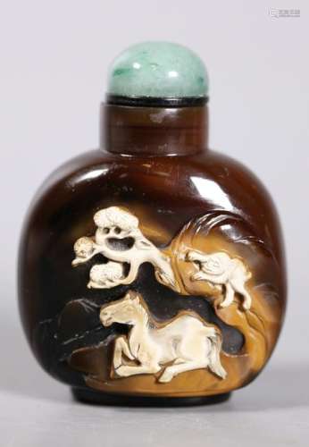 Layered Chinese Agate Horse & Monkey Snuff Bottle