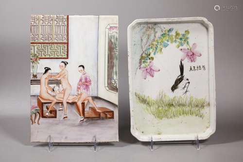 Chinese Erotic Porcelain Plaque; Artist Tea Tray