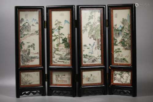 Chinese 4 Panel Miniature-Incised 4-Seasons Screen