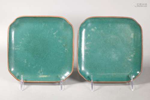 Pair Chinese Enameled Yixing Square Plates