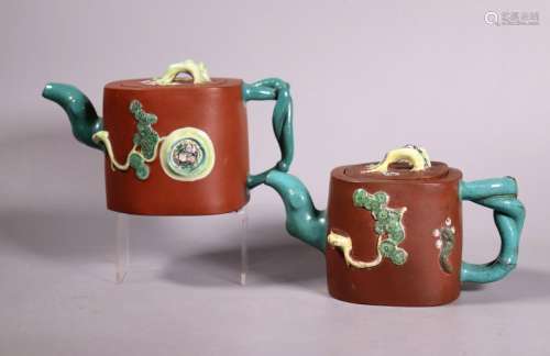 2 Chinese Enameled Yixing Winter Friends Teapots