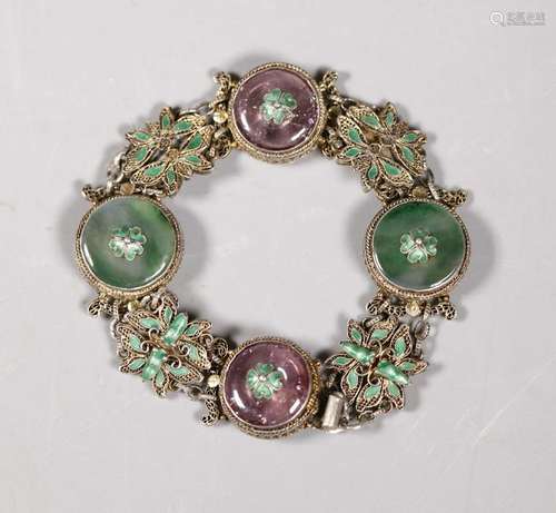 Chinese Tourmaline & Jadeite Silver Link Bracelet