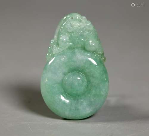 Chinese Natural Green Jadeite Bi & Lion Pendant