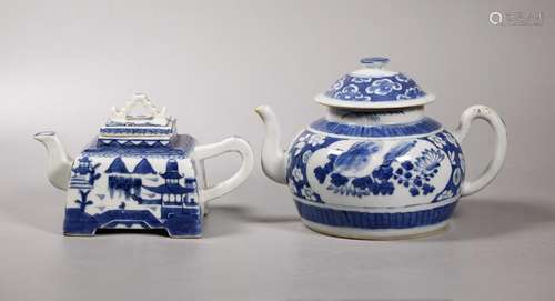 2 Chinese Qing Blue & White Porcelain Teapots