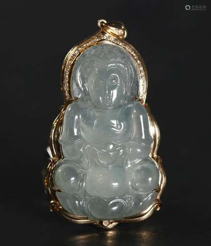 Chinese Seated Guanyin Icy Jadeite Pendant 18K