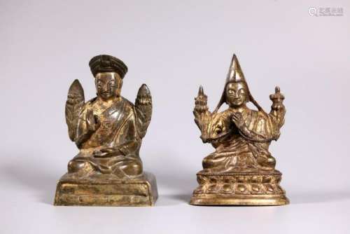 2 Tibetan 19 C Gilt-Lacquered Bronze Lama Figures