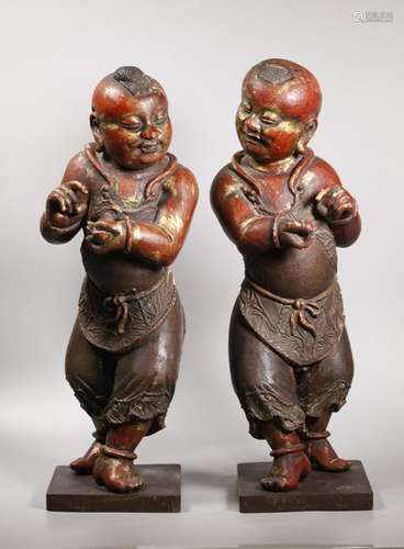 Pr Chinese Lacquered Wood Standing Temple Boys