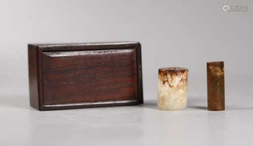 - 2 Chinese Archaistic Jade Tube Beads; Wood Box