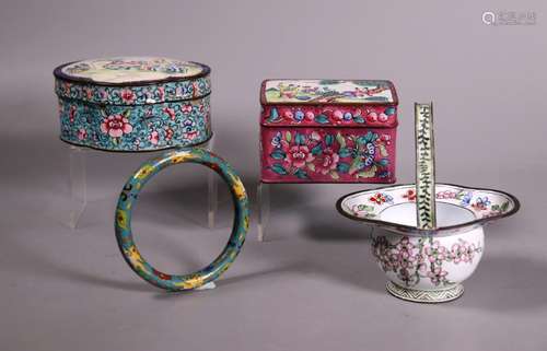 2 Chinese Canton Enamel Boxes Basket, 1 Bangle