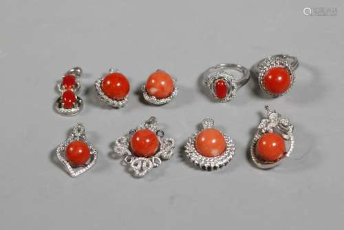 Chinese Corals in Silver: 7 Pendants 2 Rings; 46G