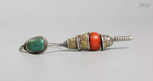 Tibetan Silver and Gold Coral & Turquoise Earring