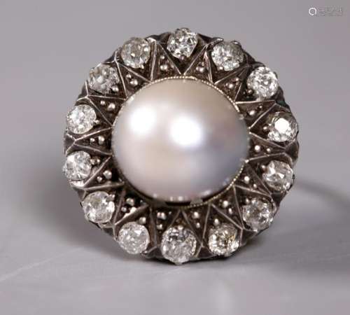 Victorian Baroque Pearl Old Mine Diamonds 18K Ring