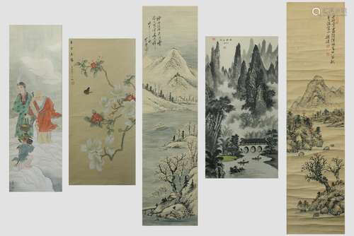 5 Chinese Scroll Paintings; Ink & Color on Paper