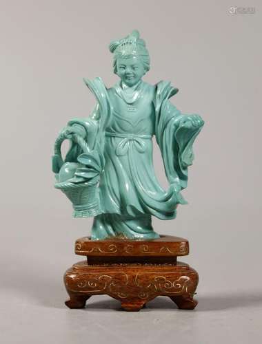 Chinese Carved Clear Turquoise Lady with Peach