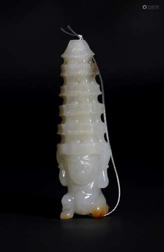 Chinese Qing White Jade Long Bead Pagoda & Giant