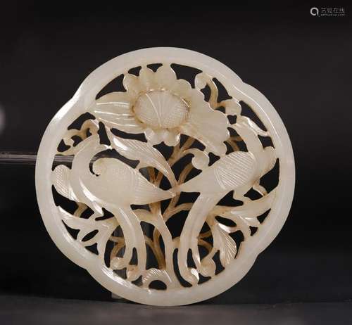 Chinese 19 C White Jade Birds & Flower Plaque