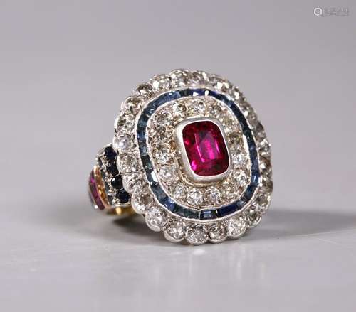 Art Deco Ruby Diamond Sapphire Cocktail 14K Ring