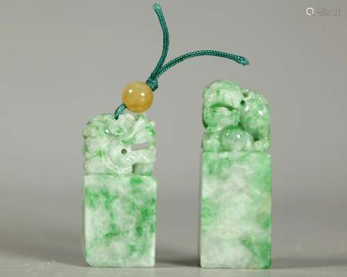 2 Chinese Natural Apple Green Jadeite Seals