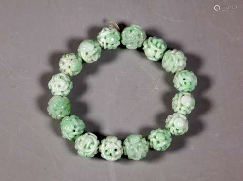 Chinese 16 Carved Jadeite Dragon & Cash Beads