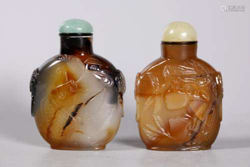 2 Chinese 19 Century Carved Agate Snuff Bottles