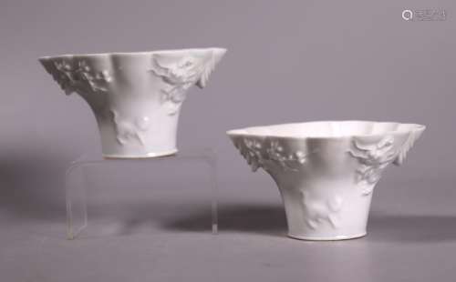 Pr Chinese Qing Blanc de Chine Porcelain Horn Cups