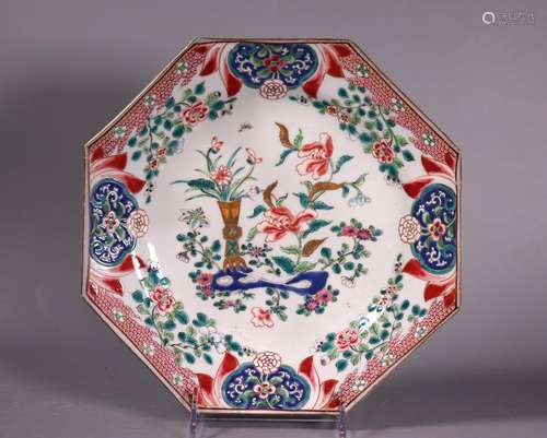 Famille Rose Enameled 18 C Porcelain Octagon Plate