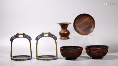 6 Chinese Objects; Cloisonne Stirrups, Bowls, Wood