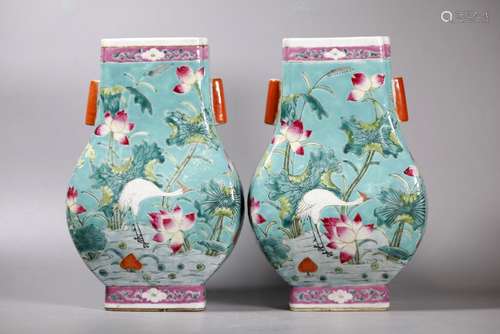 Pair Chinese Famille Rose Porcelain Hu Vases