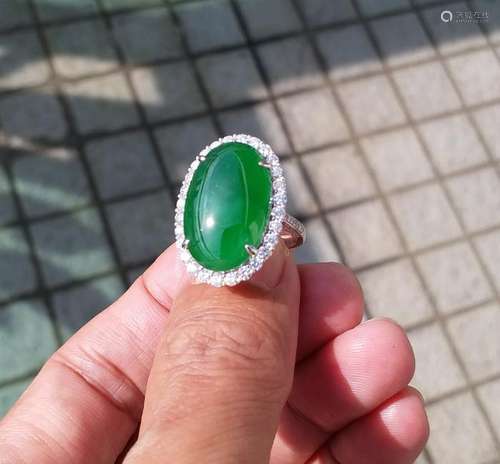 Large Natural Green Jadeite Jade Diamond Ring