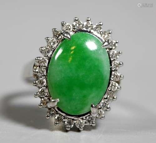 Chinese Natural Jadeite Cabochon Diamond 14K Ring