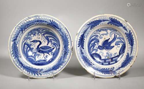 2 Spanish Talavera 18C Blue & White Faience Bowls