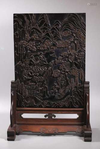 Chinese Carved Cherry Amber Landscape Plaque 1719G