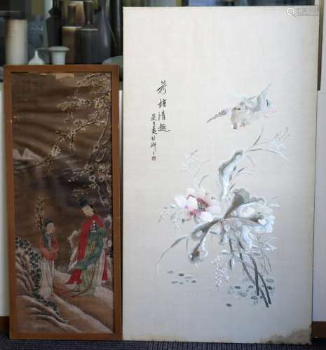 Chinese 19C Silk Lotus Embroidery; Silk Painting
