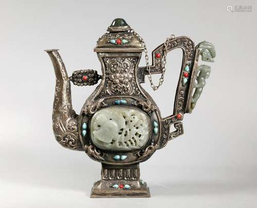 Tibetan Jade Turquoise Coral Inlaid Silvered Ewer