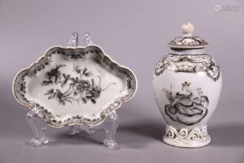 Chinese 18C Grisaille Porcelain Tea Jar Spoon Tray