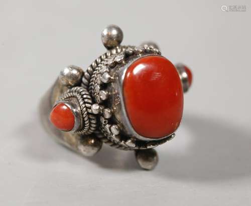 Tibet Dark Coral & Silver Adjustable Ring; 21.7G