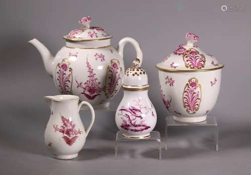 Worcester Puce Teapot, Sugar & Cream; Fulda Castor