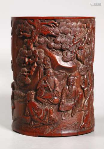 Chinese Qing Dynasty 5 Sages Bamboo Brush Pot