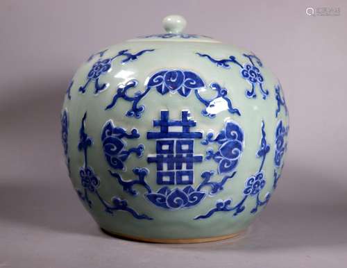 Lg Chinese 19 C Blue White Celadon Porcelain Jar