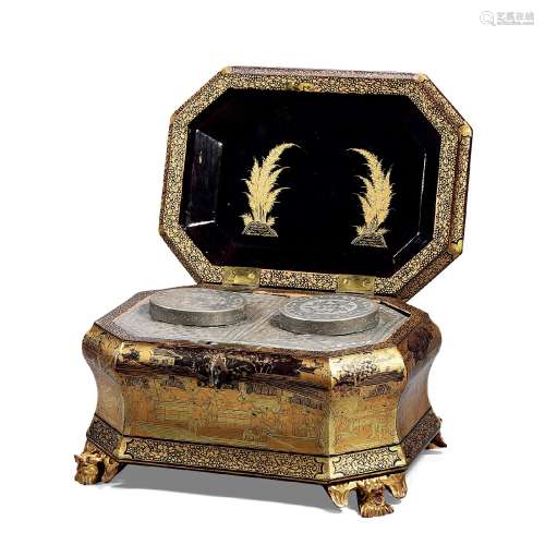 清19世纪 黑漆描金山水纹锡胆茶叶盒
