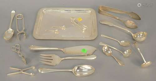 Silver lot to include small tray, flatware and tongs,