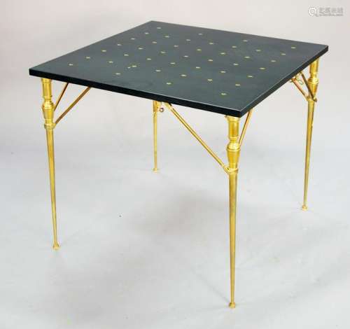 Leather top card table with brass legs. ht. 28 in, top: