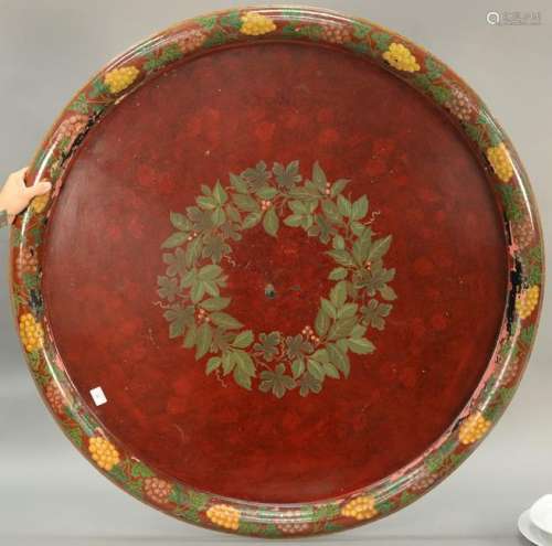 Large round painted tole tray, dia: 47 1/2 in.