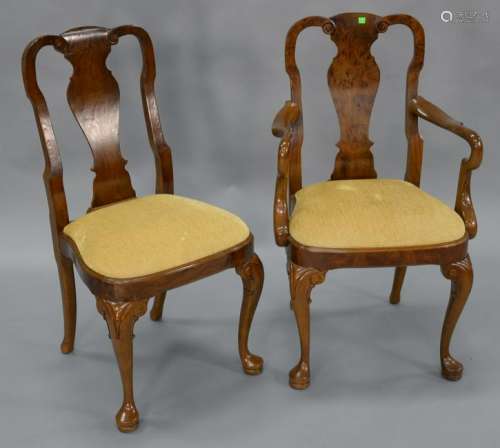 Set of ten Queen Anne style dining chairs with burlwood